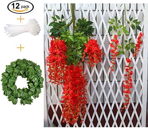 12 PCS, 3.6 feet, Artificial Wisteria Vine Ratta Hanging Garland Silk Flower String Set || Come with a 7 feet Leaf Vine String and 18 pcs Zip Ties || By KooCoo Mummy (Red)
