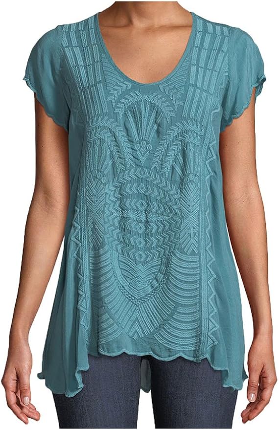 JOHNNY WAS Women's Scoopneck Blouse with Scallop Hem and Multicolor