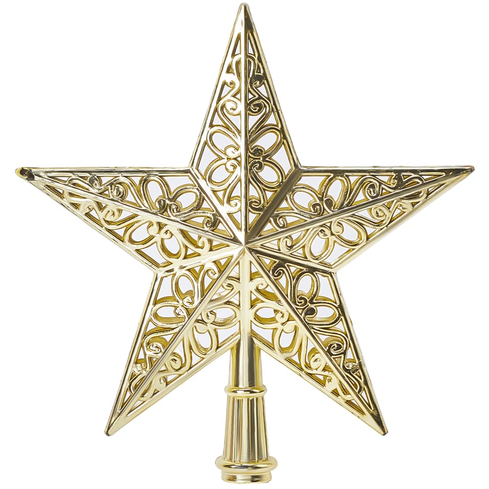 CREATCABIN 5Pcs Star Christmas Tree Topper Ornaments Gold Plastic Hollow Butterfly Figure Christmas Decoration Pentagram Star Christmas Tree Toppers for New Year Holiday Party Home Decor 5.9x5.6x1in