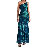 XinFSh Women's Summer Floral Wedding Guest Dresses One Shoulder Bodycon Tiered Ruffle Maxi Long Cocktail Party Dress