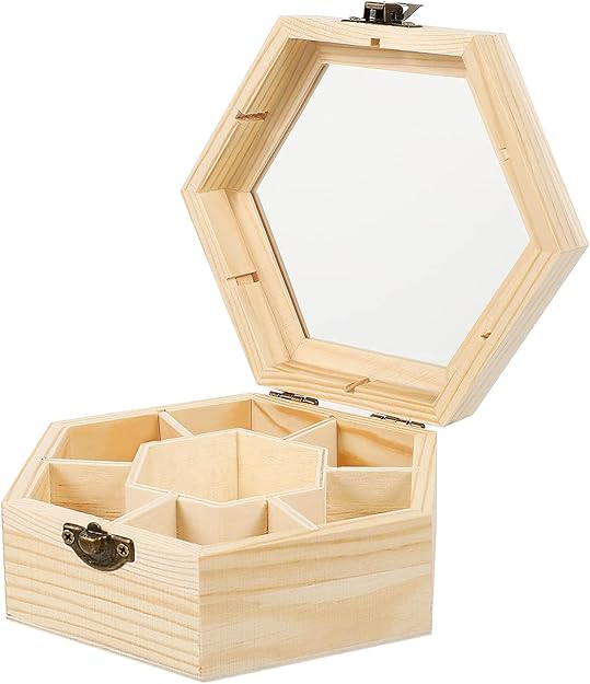 EXCEART Wooden Hexagon Jewelry Box 7 Compartment Unfinished Wood Jewelry Organizer with Clasp