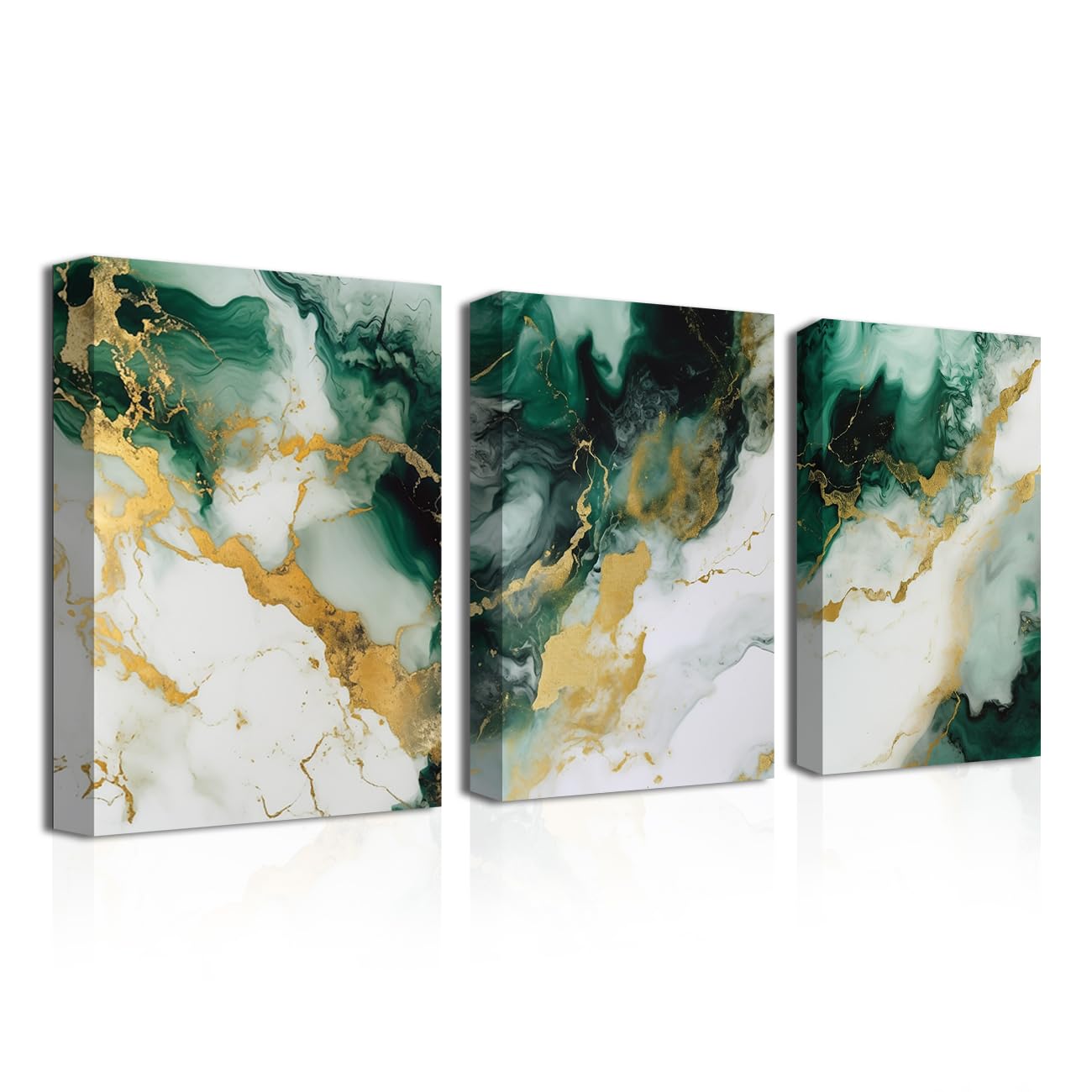 CXHOSTENT Emerald Green and Gold Wall Decor Set of 3 Abstract Marble Pictures Green and Gold Canvas Prints Framed Artwork for Home Decor (Abstract-2, 28.00 x 35.00 cms x 3PCS)