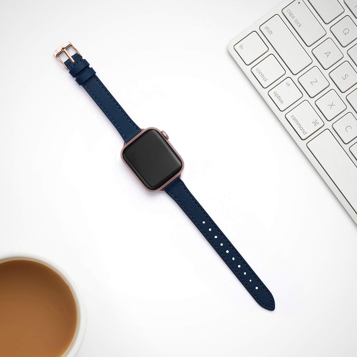 SUNFWR Compatible with Apple Watch Strap 42mm 44mm 45mm,Genuine Leather Strap Replacement,Slim&Thin Wristband for iwatch Series 7/6/5/4/3/2/1,SE(42mm 44mm 45mm,Dark blue&Rosegold) - Image 5