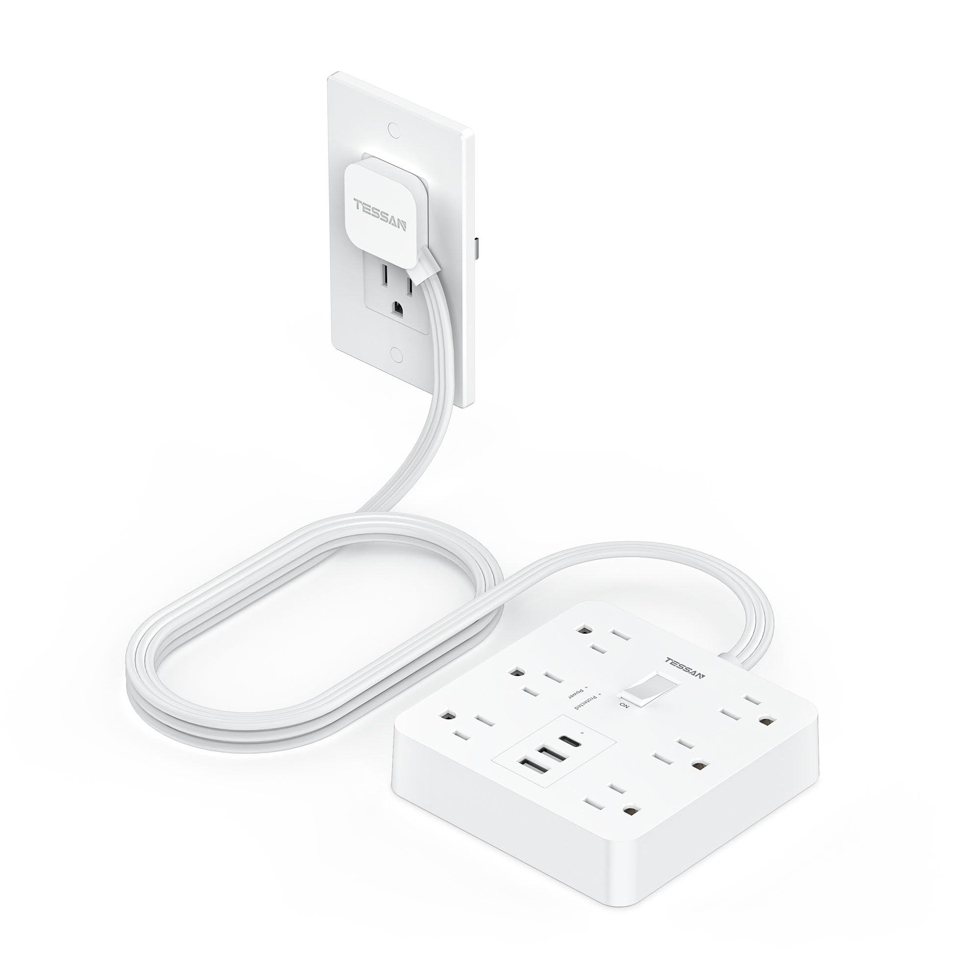 TESSAN 5Ft White Extension Cord with Multiple Outlets, Flat Plug