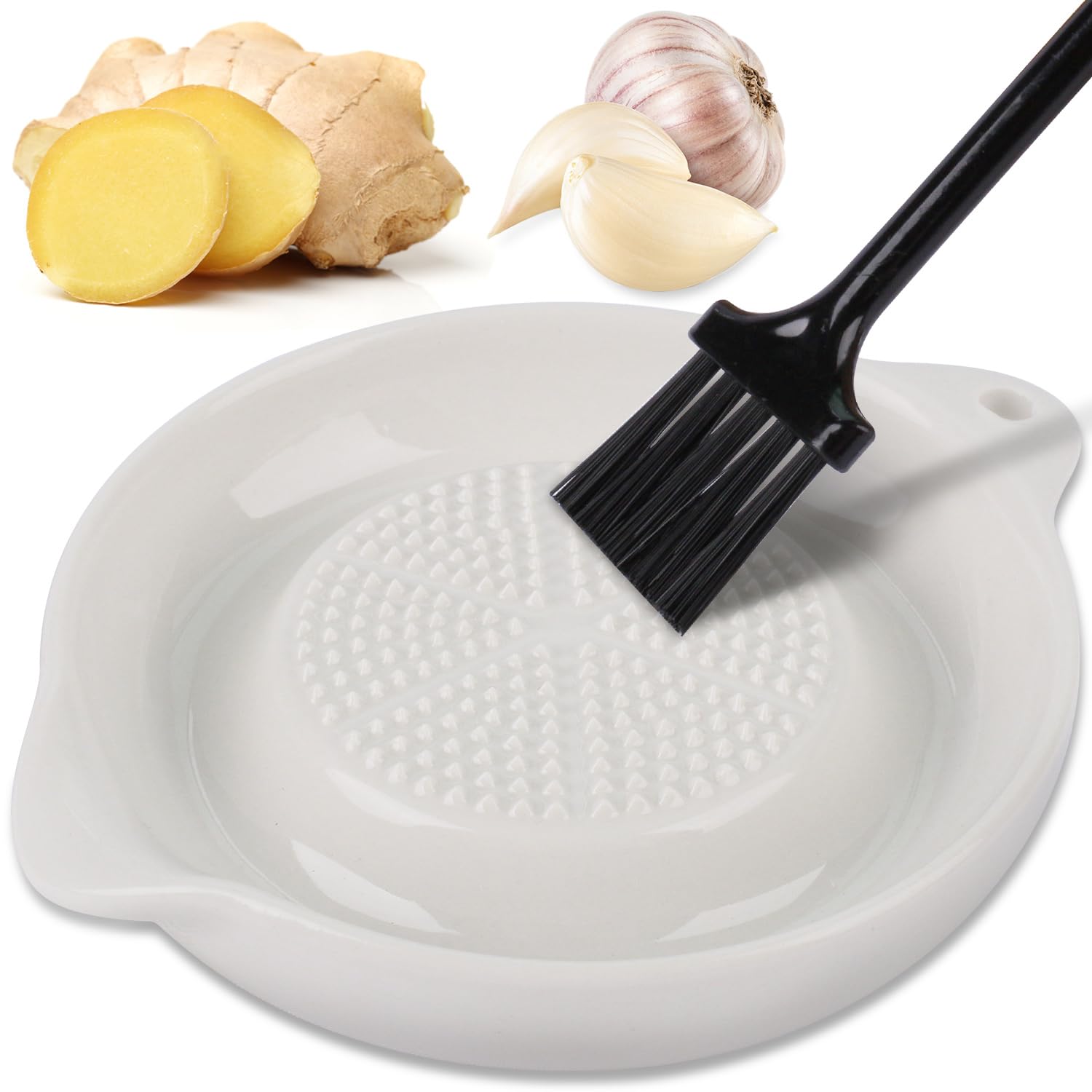 Fzyisw Garlic Grater Plate, Ginger Garlic Grater Ceramic with Mini Brush, Garlic Plate Grater, Ginger Grater for Ginger, Garlic, Onion and Spices, Easy to Clean and Storage
