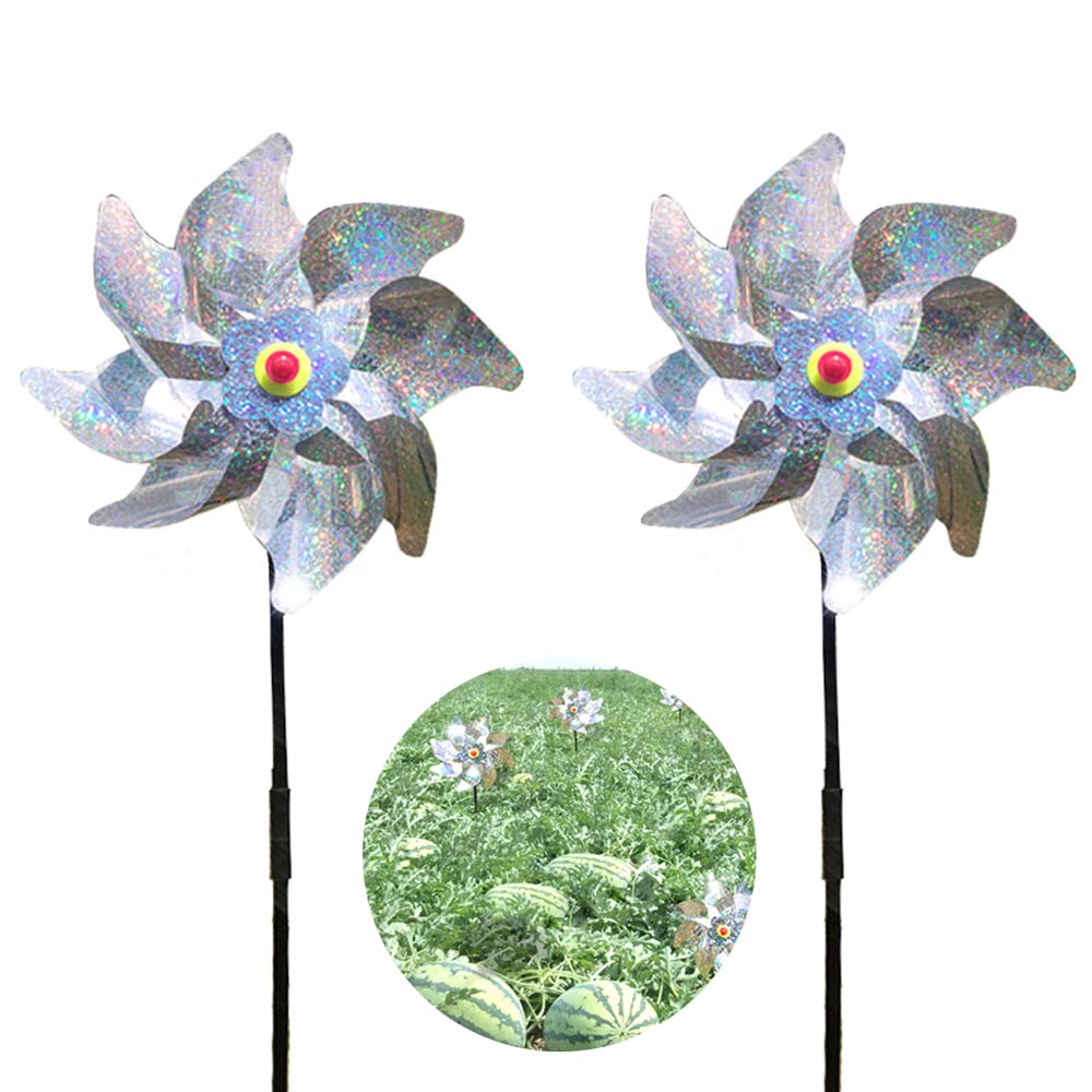 Ceqiny 2 Packs Bird Deterrent Pinwheels Sparkly Silver Spinners Bird Repellent Windmill Whirl Pinwheel Holographic Mylar Reflection Materials Scare Birds Pests Away from Yard Patio Garden Farm