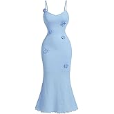 SOLY HUX Women's Summer Cami Midi Dress Floral Appliques V Neck Spaghetti Strap Bodycon Dresses