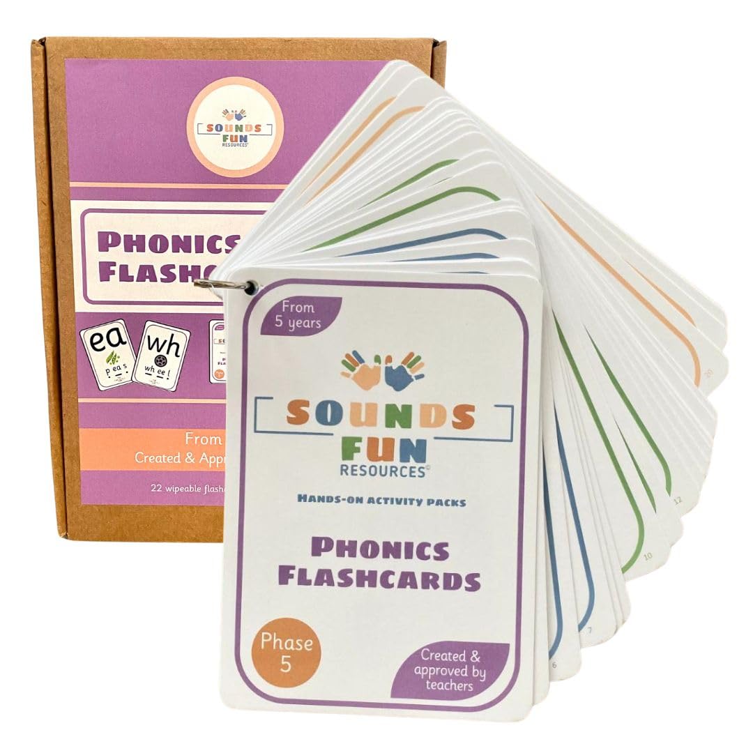 Phase 5 Phonics Flashcards, Wipeable A6 Educational cards for Children Ages 5+, Laminated Cards with Binder Ring with Phonetic Words & Images, for School, Parents & Practitioners, Sounds Fun Resources