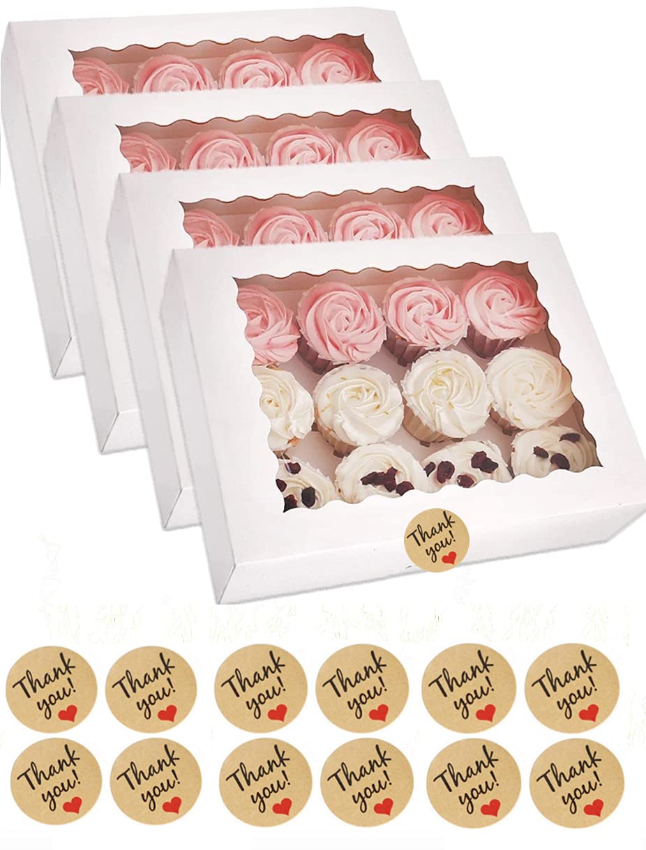 UNIQU Cupcake Boxes 12 Cavity Auto Pop Up with Window and Inserts, Kraft Bakery Cookie Boxes Cupcake Containers with Sealing Stickers (20 Pack, White)
