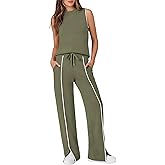 Casly Lamiit Women's 2 Piece Outfits Summer Casual Mock Neck Sleeveless Top Wide Leg Pant Sets Front Slits Travel Sweatsuit