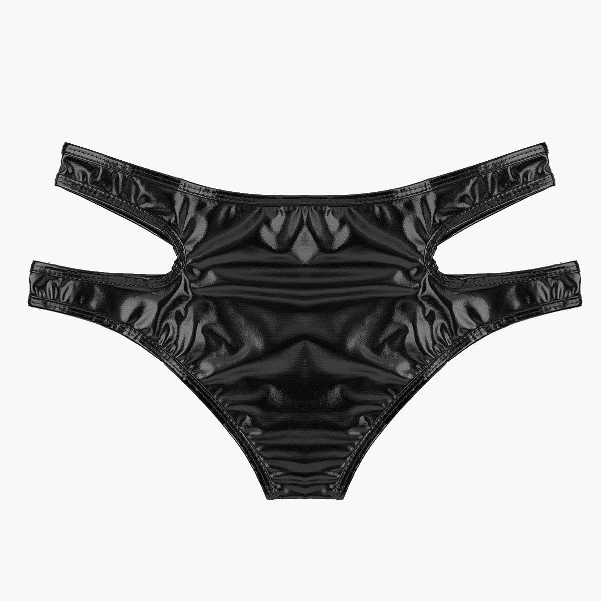 ACSUSS Women's Shiny Metallic Strappy Cutout Hipster Panties Low Rise Bikini Bottoms Black One Size: Clothing
