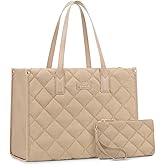 LOVEVOOK Laptop Puffer Tote Bag for Women, Lightweight Puffy Work Tote Bags fits 17 inch Computer, Cute Quilted Laptop Purse, Professional Business Office Briefcase Handbag, Khaki