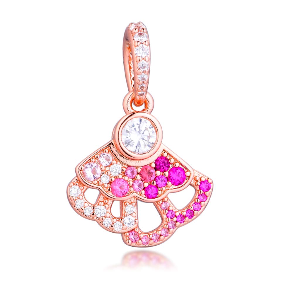 PANDOCCI 2020 Pre Autumn Rose Pink Fan Dangle Bead 925 Silver DIY Fits for Original Pandora Bracelets Charm Fashion Jewelry