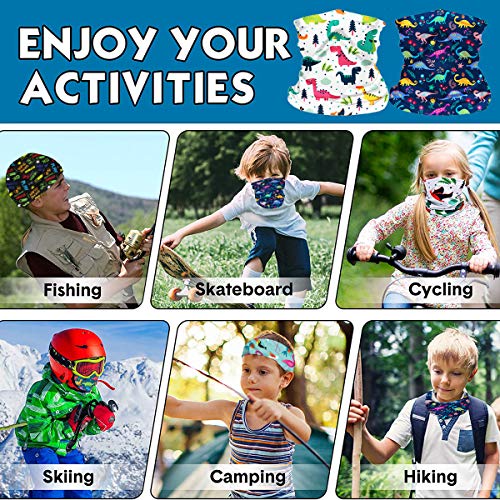 TIANSHI 2Pcs Neck Gaiter Kids Face Mask, Uv Protection Face Cover Bandanas Scarf, Face Bandana for Kids (Dinosaur #1)