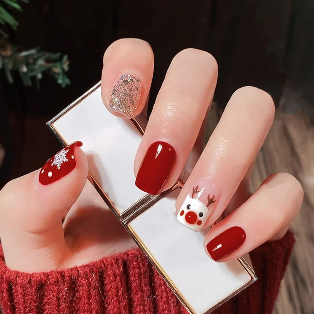 Wedity 24Pcs Christmas Tree Love Short Fake Nails Pearl Flowers Dog Rabbit Acrylic False Nails Press on Nails for Women Girls (H)