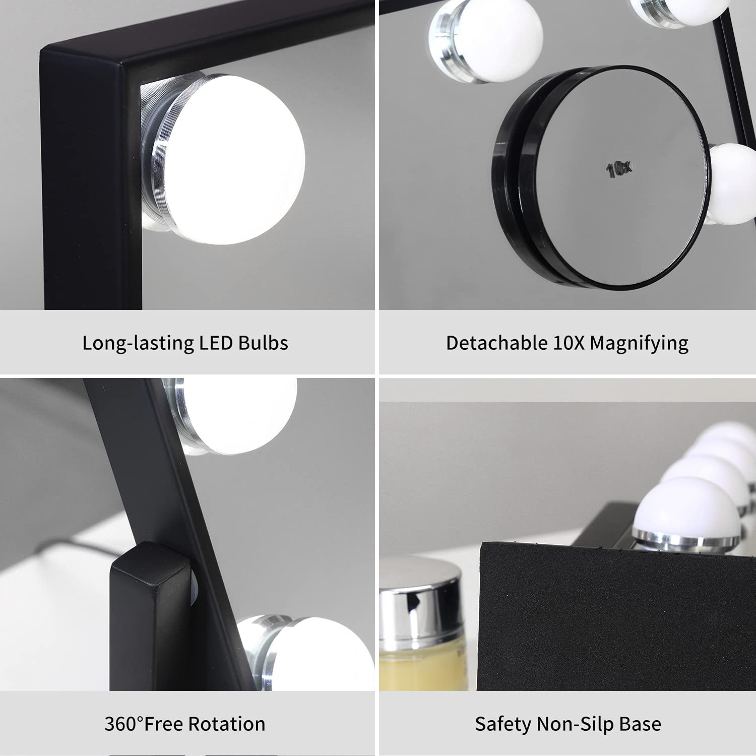 Kotdning Vanity Mirror with Lights,Lighted Vanity Mirror with 9 Dimmable Bulbs for Dressing Room & Bedroom,3 Color Lighting,Modes Detachable 10x Magnification 360°Ratation (Black) 12