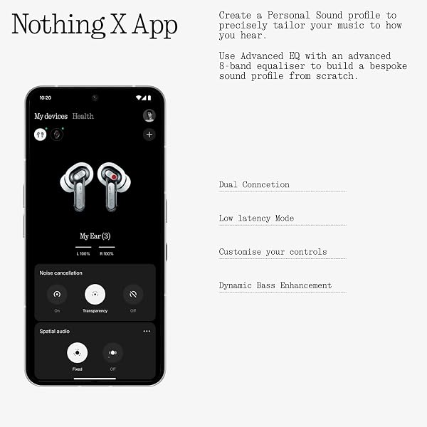 NOTHING EAR (3) WIRELESS EARBUDS SUPER MIC 45DB HYBRID ACTIVE NOISE CANCELLING BLUETOOTH HEADPHONES HI-RES 6 MICS, 12MM DYNAMIC BASS BOOST, DUAL CONNECT ANC SPORT EAR BUDS FOR IPHONE ANDROID, BLACK