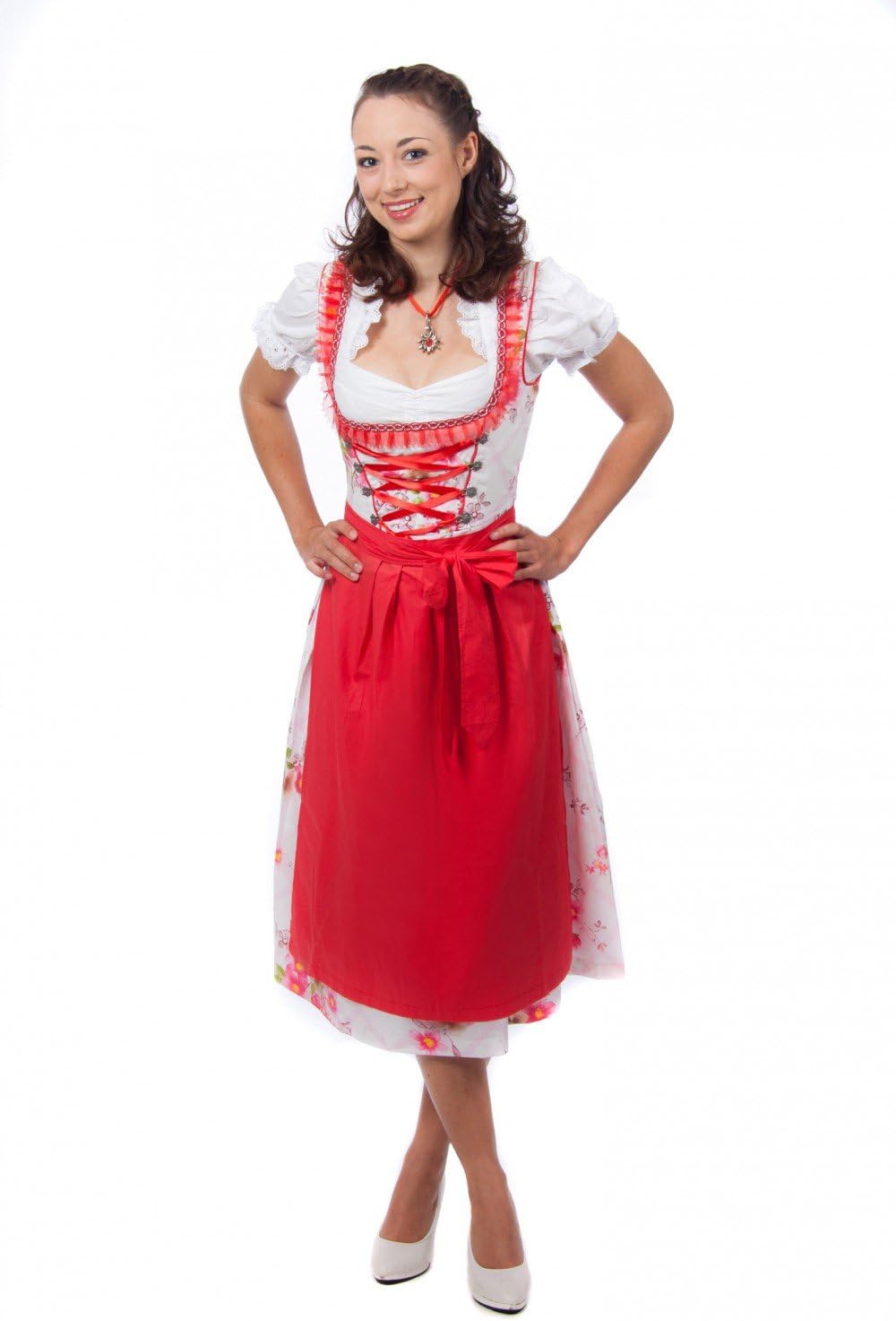 Edelnice Trachtenmode Midi Dirndl 3 Piece Set Flowers White Red with Matching Blouse and Apron