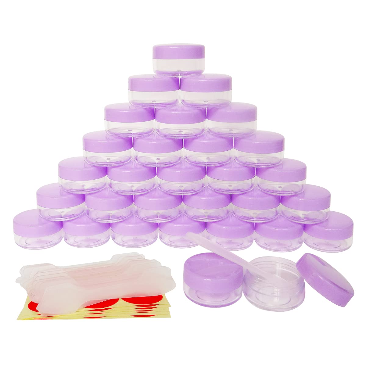 Wopanxye 30pcs 10ml Travel Jars with PURPLE Lids for Cosmetics, 10g Plastic Small Pots for Beauty Container, Makeup Sample Eyeshadow, Facial Cream, Lip Gloss Balm, Powder, Lotion, Mascara, Essence