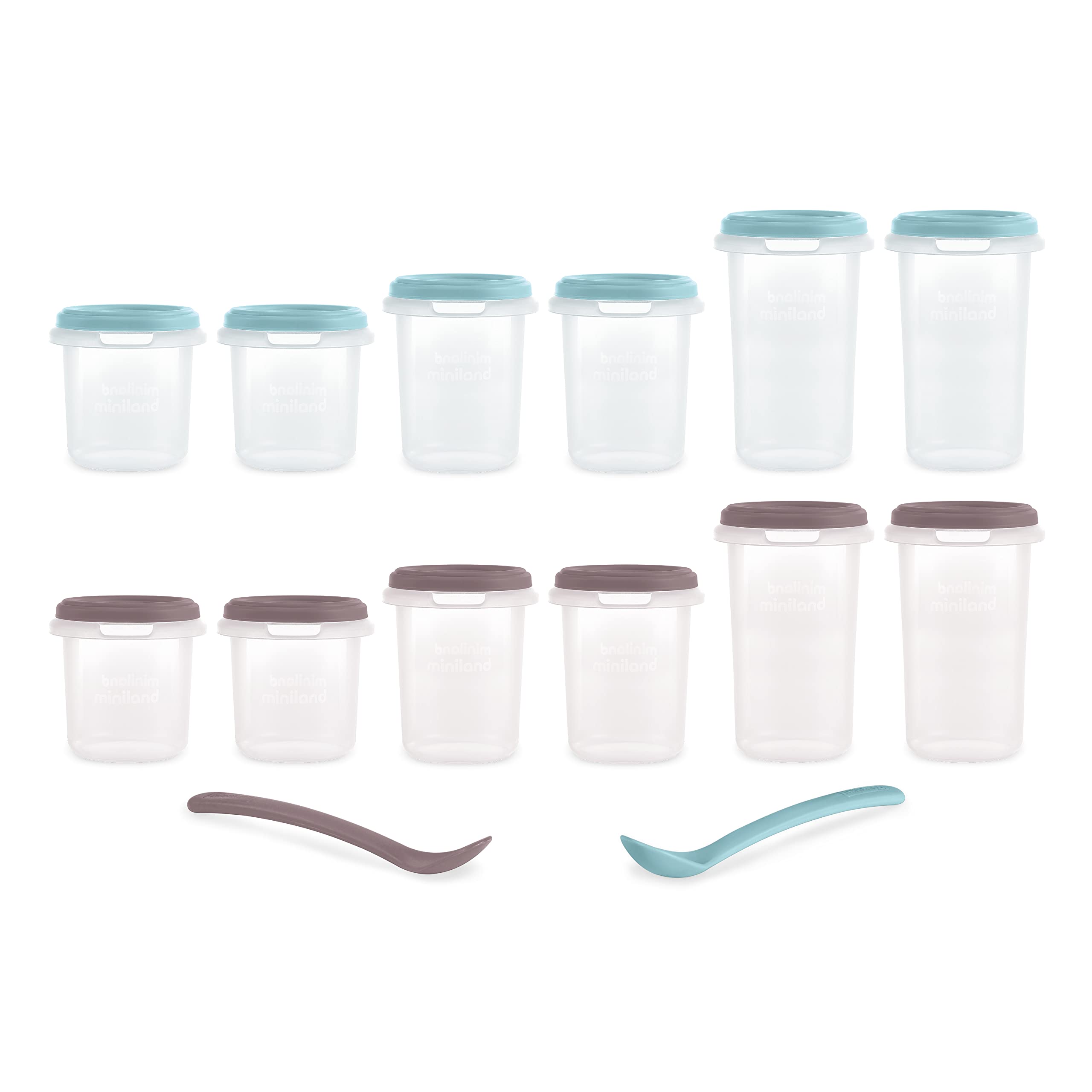 Miniland Set 12 Hermisized Terra. Pack of 12 Graduated hermetics (200, 250 and 330ml) and Two Spoons, Safe, Resistant and Suitable for Dishwasher, Microwave and Freezer. Terra Collection.