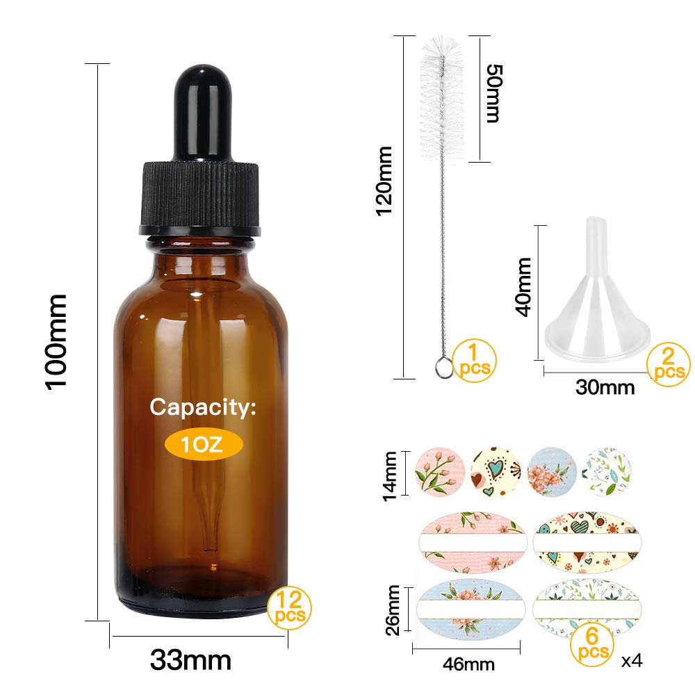 CycleMore 1oz 30ml 12 Pack Amber Glass Boston Bottles with Glass Eye Droppers, Glass Dropper Bottles for Essential Oils & Lab Chemicals & More Liquids (1 Brush, 2 Funnels and 24 Labels Included): Industrial & Scientific