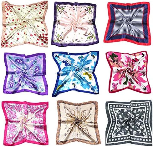 LOHKIAO Viscose Artifical Silk Handkerchief Floral Scarf for Women 9pcs Mixed Set