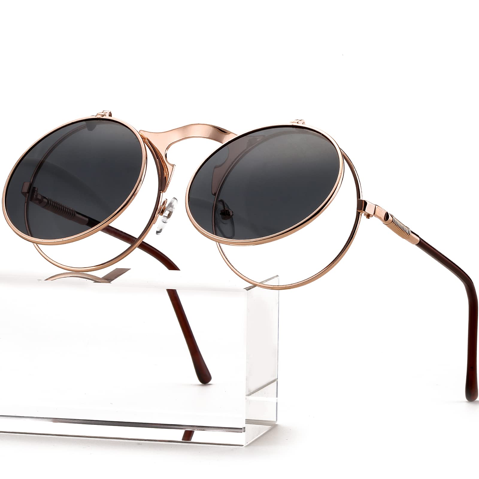 Photo 1 of AIEYEZO Round Flip Up Sunglasses for Men and Women Rave Flip Glasses 90's Retro Steampunk Style (Rose Gold/Grey)