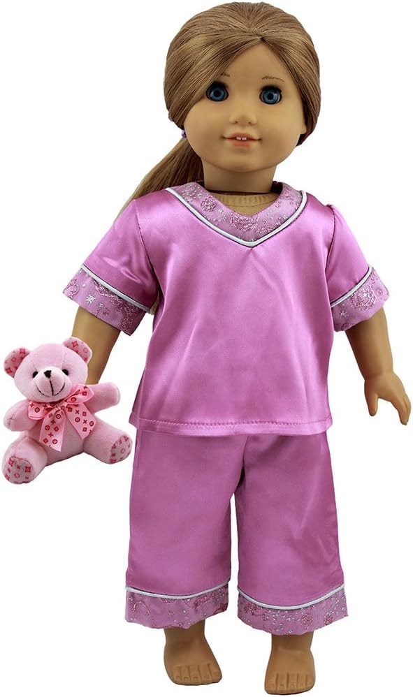 Dreamtoyhouse 18 inch Doll Clothes Satin Doll Pajamas Sleepwear + Pink Bear Doll Pet for 18 Inch American Girl Dolls