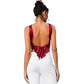 OYOANGLE Women's Satin Crop Top Bowknot Backless Sleeveless Ruched Party Blouse Going Out