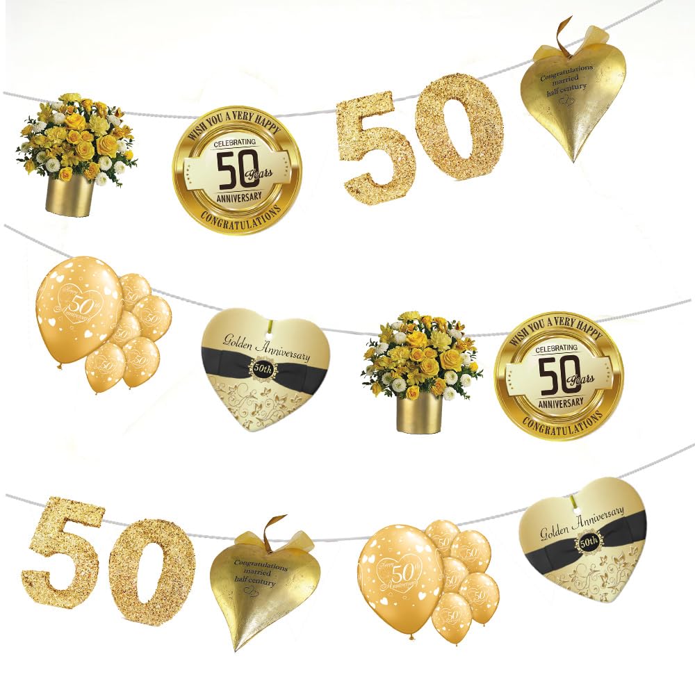 AK Giftshop 50th Golden Wedding Anniversary Bunting Party Decorations - 12pcs / 2.5m Ribbon