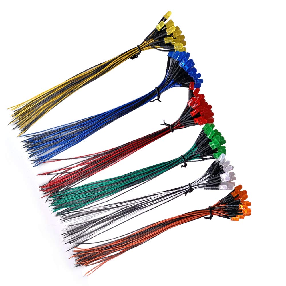 YIXISI 120 PCS 5mm LED Diodes Light 6 Colors (Each Color 20 PCS) with Diffused Colored Lens, Ultra Bright 12V 20cm Pre Wired, Orange/White/Red/Blue/Green/Yellow