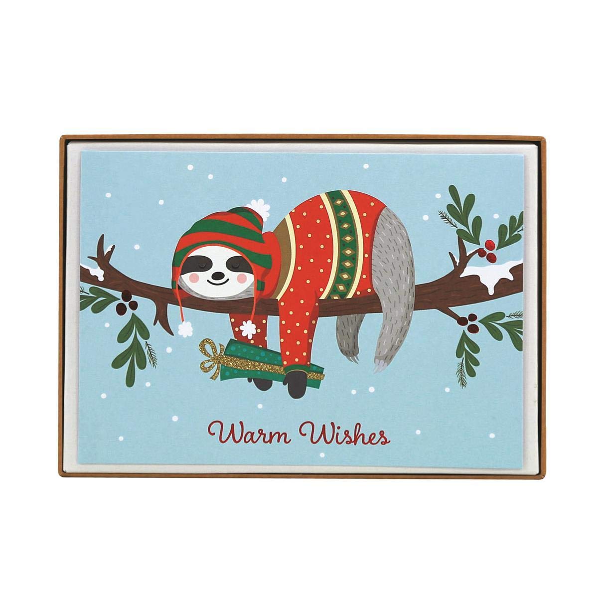 Graphique Sloth Boxed Cards — 15 Cute Winter-Dressed Sloth Holiday Cards Above Embellished Red Foil Warm Wishes Message, Christmas Cards Includes Matching Envelopes and Storage Box, 4.75" x 6.625"