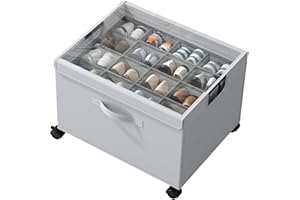 HOUSE AGAIN Shoe Organizer for Closet, Shoe Storage Boxes with 360° Wheels, Sturdy Metal Frame Fits up to 16 Pairs, Boots&Shoes Cubby Storage Containers with Adjustable Dividers and Clear Cover