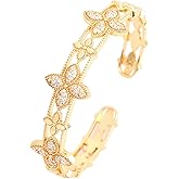 Unurgoonit Gold Plated Flower Bangle Bracelet for Women with Cubic Zirconia, Dainty Floral Design Jewelry Gift for Wedding, Anniversary, or Party