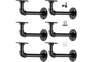 Janyang Industrial Pipe Shelf Brackets for 8 10 12 14 inches Board, Iron L Pipe Floating Shelves, Heavy Duty Metal Shelving Brackets - 6 Pack Black