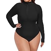 FOREYOND Plus Size Bodysuits for Women Long Sleeve Scoop Neck Bodysuit Sexy One Piece Body Suit Tops