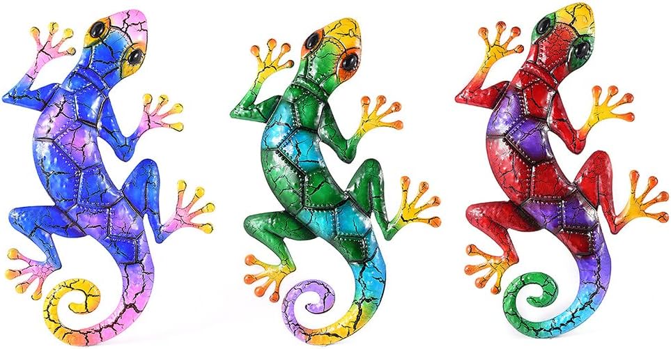 Plaques & Wall Art - FCHMY 3 pieces metal gecko wall art decoration, colourful lizard art wall, iron art, hanging decoration for home, bedroom, office, garden