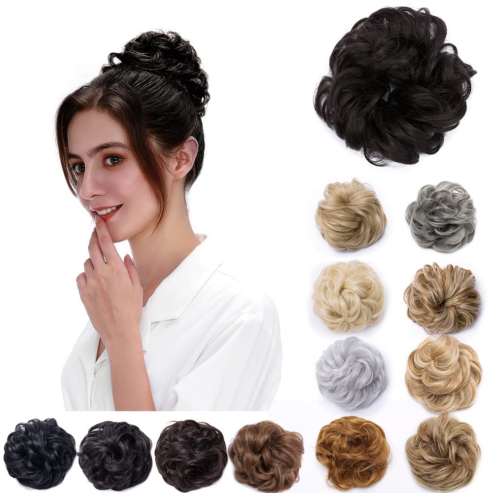 Silk-co Fake Hair Bun Scrunchy Scrunchie Messy Bun Chignons Wavy Donut Updo Synthetic Hair Extensions 25g Natural Black