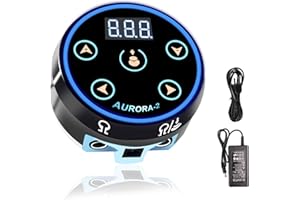 Dragoart Aurora 2 Tattoo Power Supply 1.5-16v Professional Tattoo Power Supply Box for Coil & Rotary Tattoo Machine Pen, Dual Outputs/Colorful LEDs/Touchscreen/Magnetic Base/2 Foot Pedal Modes(Black)