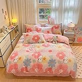 CinYana Pink Floral Duvet Cover Set Queen Fluffy Bedding Set Kawaii Cartoon Comforter Cover Soft Kids Duvet Cover (Pink Flowers,Queen)