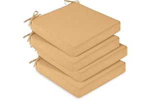 downluxe Outdoor Chair Cushions for Patio Furniture, Waterproof Square Corner Memory Foam Patio Chair Cushion with Adjustable Ties and Portable Handle, 19" x 19" x 3", Khaki, 4 Pack