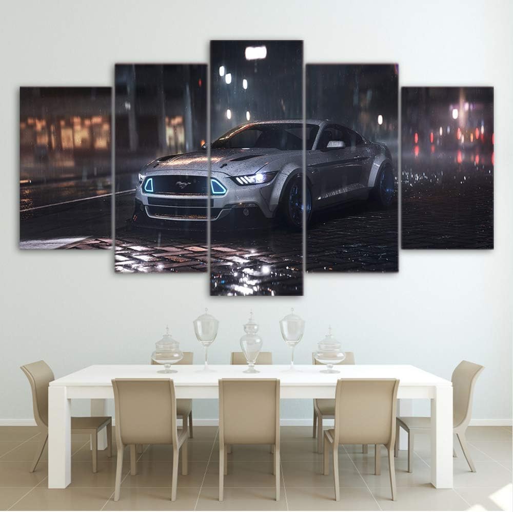 QThxqa Pintura sobre lienzo pared arte Marcos Decoración para el hogar Sala HD impreso 5 Panel Modular Cuadros Ford Mustang coche Bajo la Lluvia Cartel