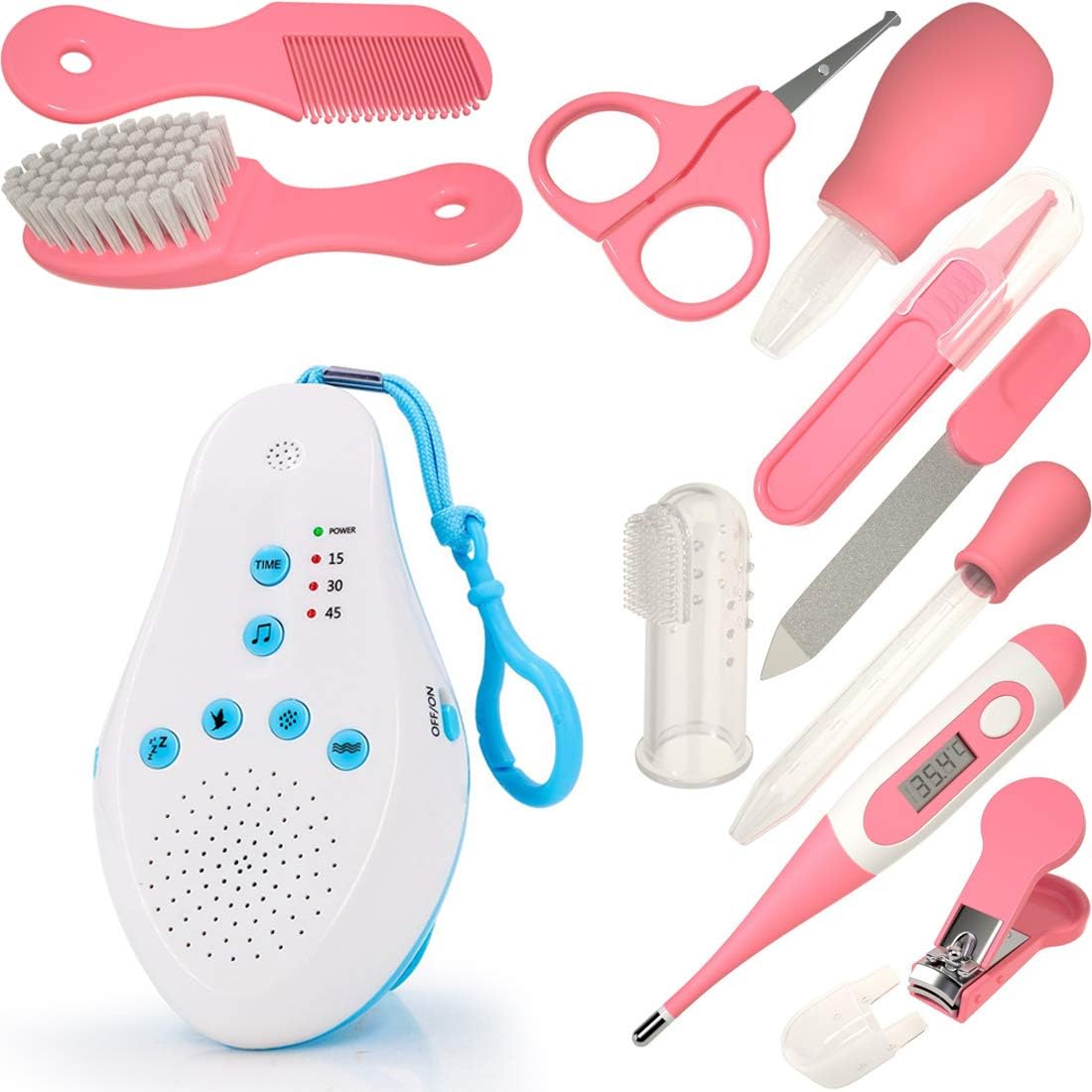 ZmZm Deep Sleep and Grooming Kit for Newborns, Infants & Toddlers. Smart Interactive Soother with Cry Sensor & Healthcare Kit (Bundle-11 Items:1 Baby Soother + 10 Pcs Baby Nursery kit) - Pink