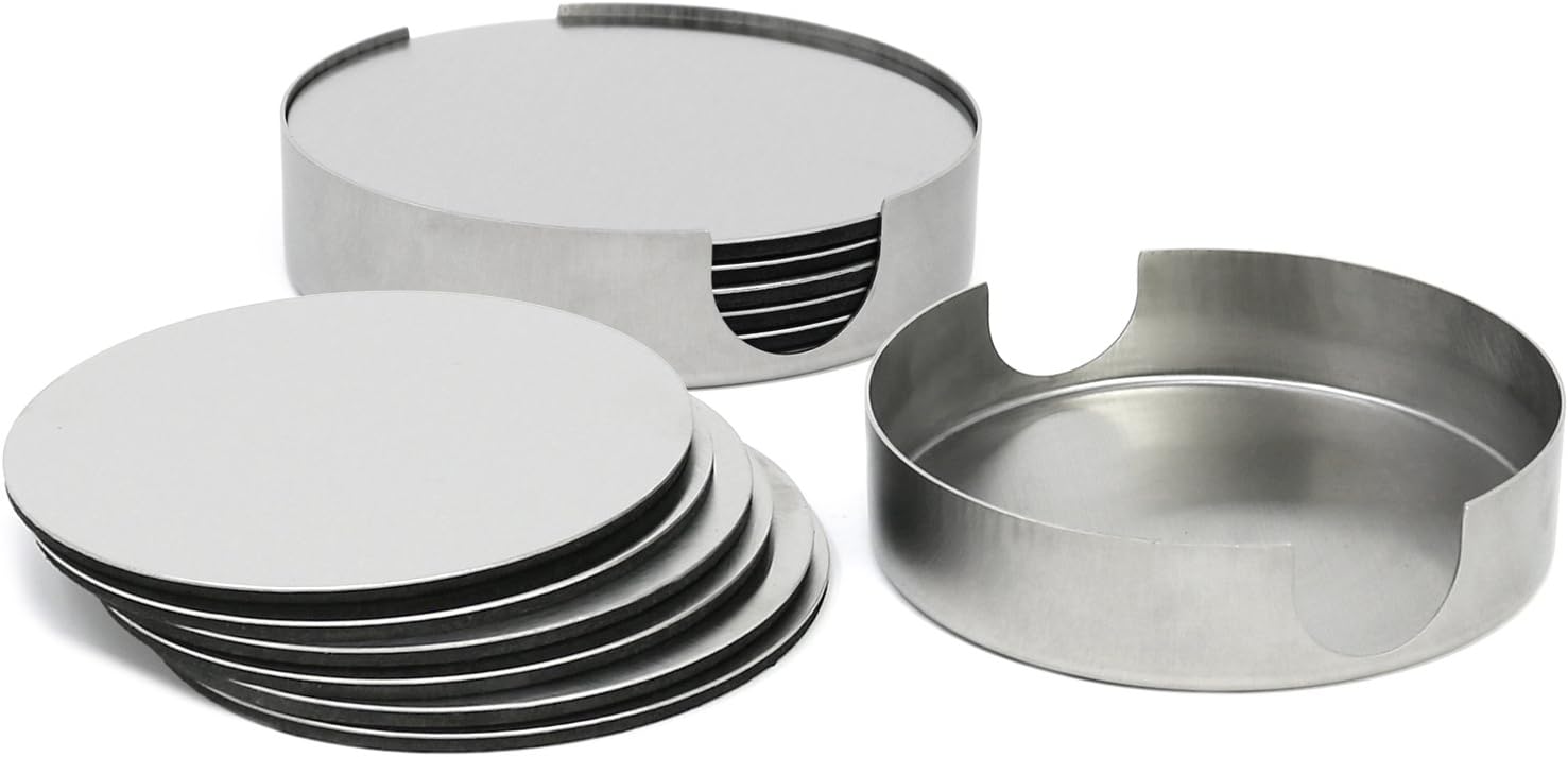 comfour® 14piece coaster set made of stainless steel, beverage coaster with holder, Ø 10 cm