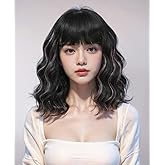 Veally Wavy Bob Wigs with Bangs for Women Black Mixed Pink Short Wavy Bob Curly Wig Synthetic Natural Looking Heat Resistant Fiber Wig for Women (Black Mix Pink)