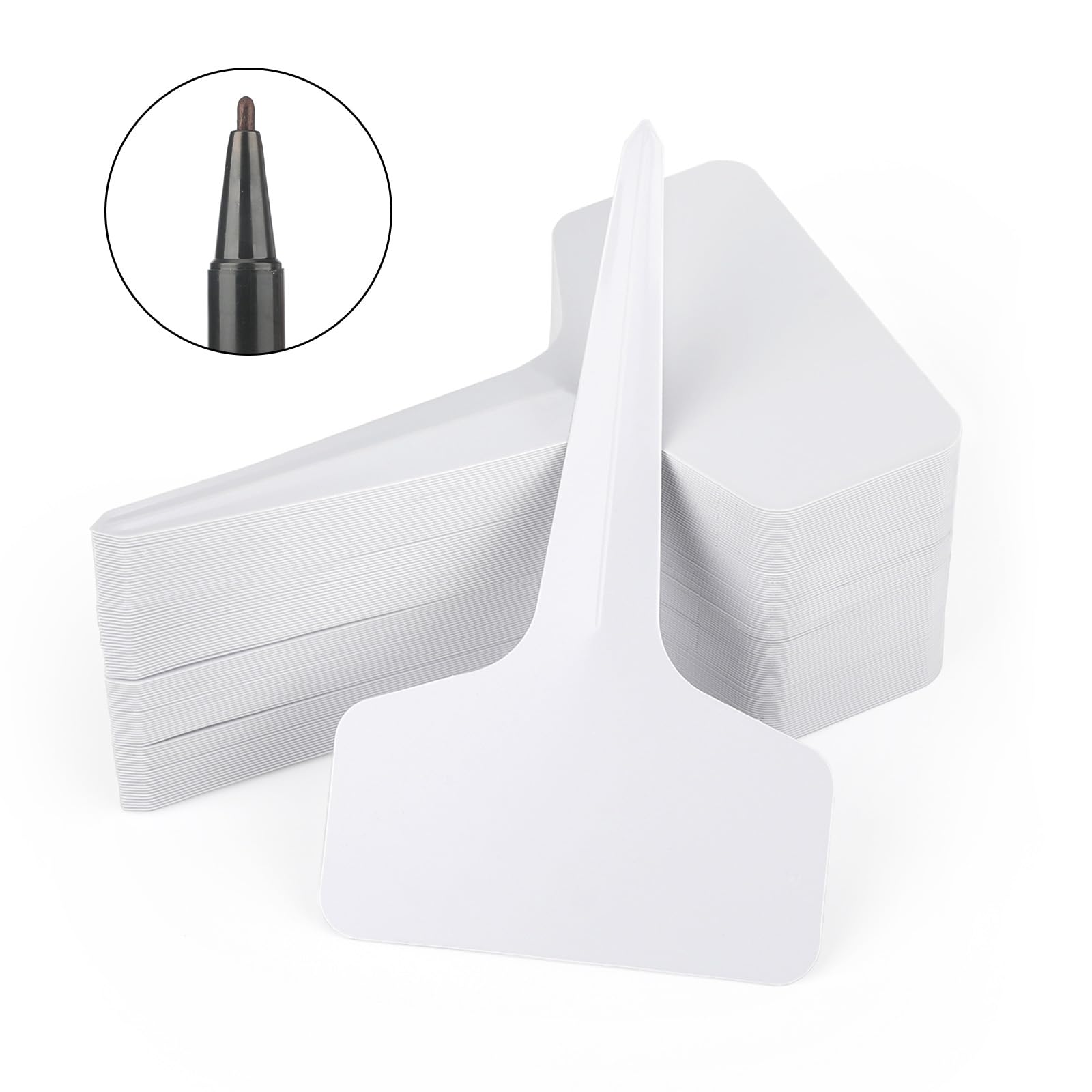 KINGLAKE Plant Labels and Pen for Outdoor Plants, Plant Markers & Labels Plastic White Garden Plant Tags for Seed, Herb, Seedling, Vegetables, Flower, Potted Plant, 6x10cm, T-Type, 100