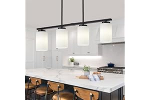 YUEMZS 4-Light Modern Island Lights for Kitchen, Black Dining Room Light Fixtures Farmhouse Linear Chandeliers Over Table, White Frosted Glass Adjustable Hanging Light Kitchen Pendant Lighting Over Island