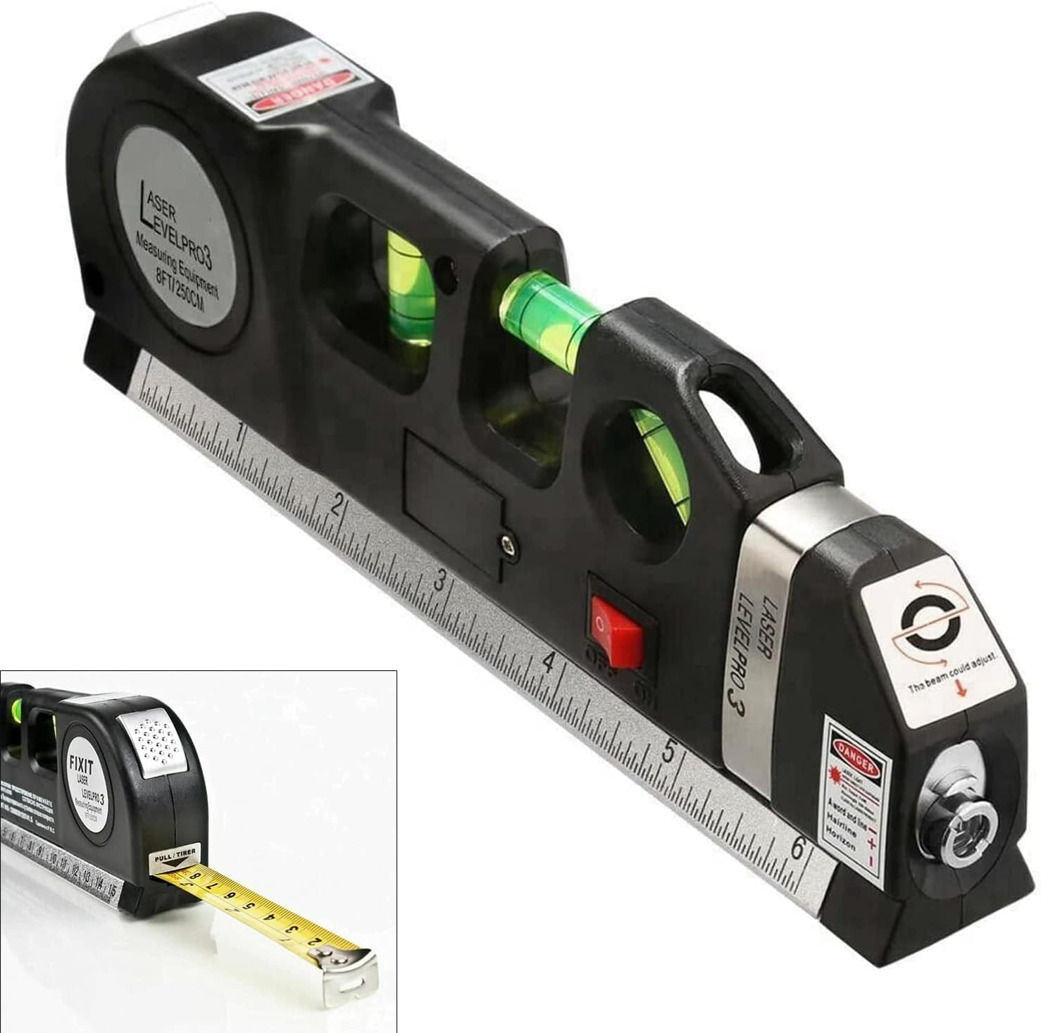 Multipurpose Laser Level, 3 in 1 Laser Spirit Level with Measuring Tape, Metric Ruler, Spirit Levels & Horizontal & Vertical Laser Beam Line for DIY, Hanging Pictures, Shelves & Tiles