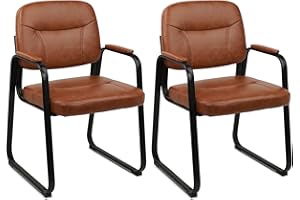 CLATINA Waiting Reception Chairs No Wheel, Leather Guest Chair with Padded Arms, Modern Brown Office Desk Chairs with Sled Base for Office Meeting Conference Room Lobby Home Living Room (2 Pack)