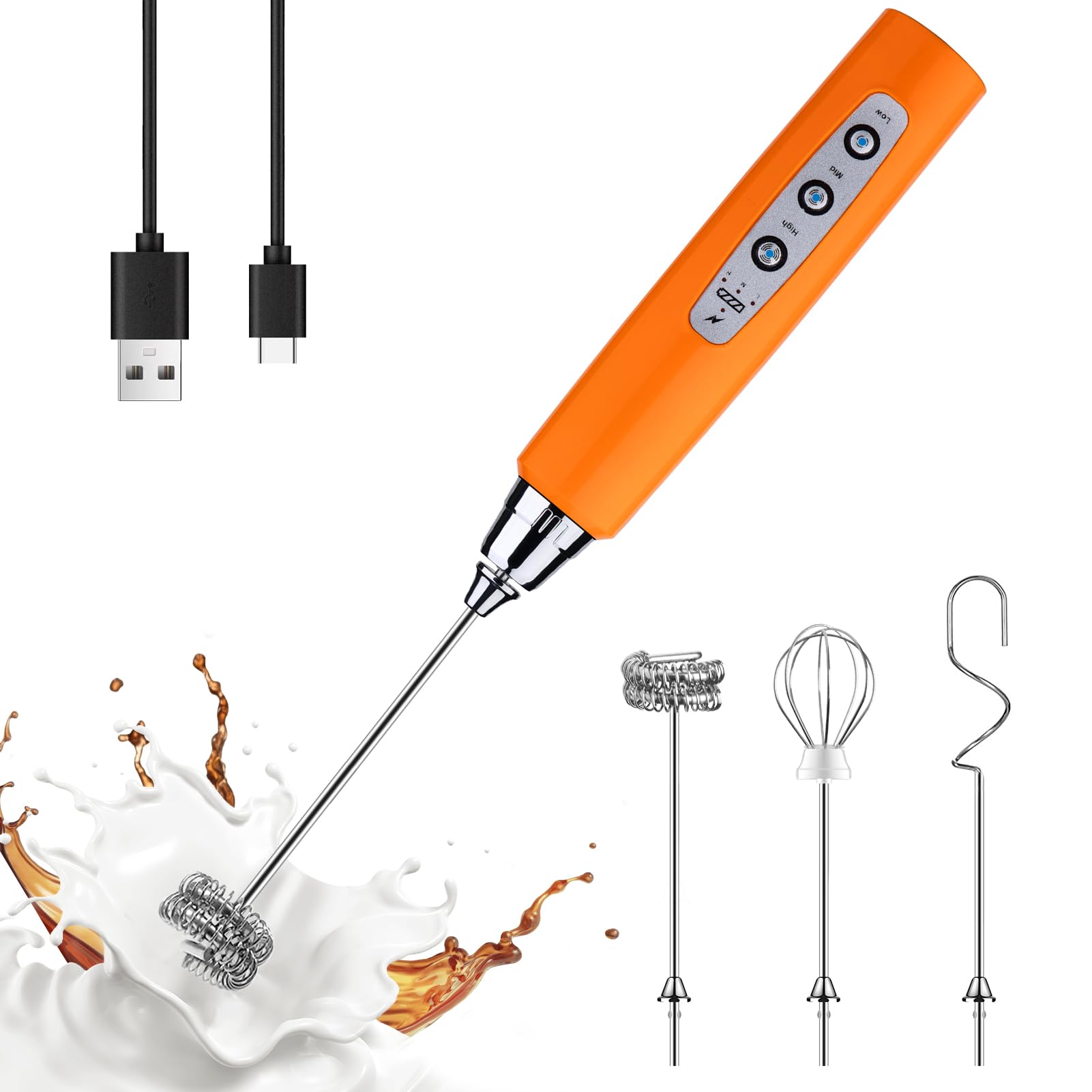 Photo 1 of YUSWKO Fluorescence Orange Handheld Milk Frother Wand for Coffee, Rechargeable Electric Whisk with 3 Heads 3 Speeds Drink Mixer Coffee Frother For Latte, Cappuccino, Hot Chocolate, Egg